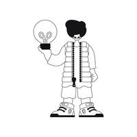 A man is shown with a light bulb, symbolizing creative thoughts. Linear illustration in style. vector