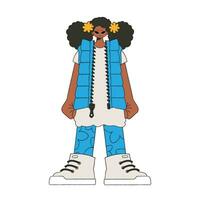 un afro niña en un largo camiseta y un azul chaleco. vector