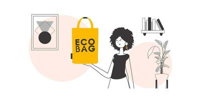 The concept of ecological bags and plastic. A woman holds an eco-package in her hands. Lineart trendy style. vector