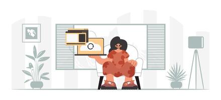 A woman is sitting in front of a computer screen vector