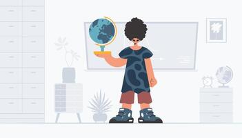 A cartoon character holding a globe in front of a desk vector