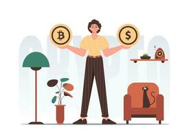 Bitcoin mining concept. A man holds a bitcoin and a dollar in his hands. Character in trendy style. vector