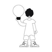 Man holds a light bulb, representing ideas. Linear style vector illustration.