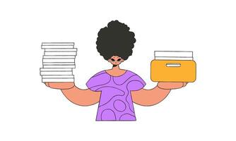 A trendy guy holds stacks of documents in his hands. vector