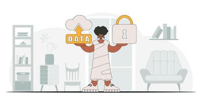 Girl with cloud access, padlock security . modern character. vector
