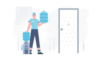 A man is holding a bottle of water. Delivery concept. Cartoon style character depicted in full growth. Vector. vector