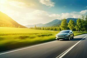 coche conducción en país la carretera con movimiento difuminar efecto. generativo ai foto