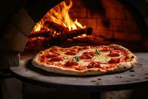 Pizza es Cocinando en tradicional madera ardiente horno. generativo ai foto