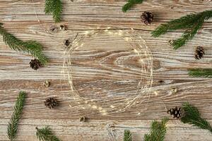 Christmas greeting banner on wooden backround, flat lay photo