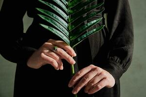 Woman holding palm leaf in hands at summer sunlight photo