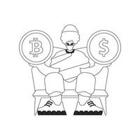 An attractive man is holding a bitcoin and dollar coin. Linear black and white style. vector