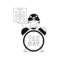 Girl holds calendar and alarm clock, symbolizing tax day. Vector illustration in linear style.