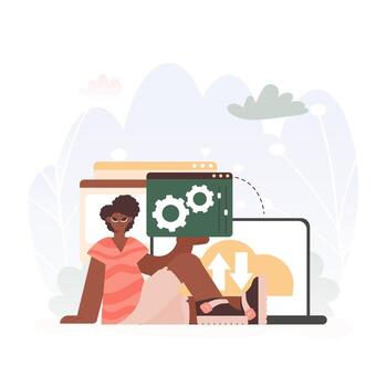 un vector gráfico de un hombre participación un navegador ventana con engranajes y esfuerzo de torsión, idealizar para tecnología y avanzar conceptos.