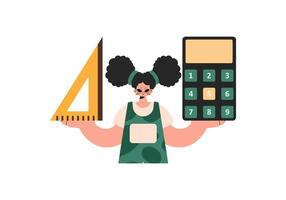 The energized lady holds a ruler and a calculator in her hands, kept on a white foundation. Trendy style, Illustration vector