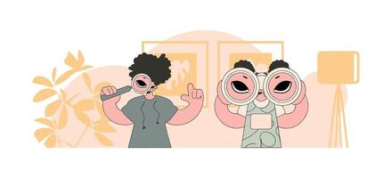 Attractive HR team holding binoculars and magnifier. Company search for first-class employees. vector