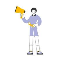 A man holds a mouthpiece and binoculars in his hands. Job Search Theme. H.R. Linear modern style. Isolated. Vector. vector