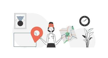 A woman with a map in her hands. Delivery concept. Lineart style. vector