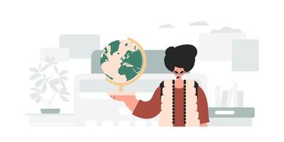 The individual is holding a colossal globe, the subject of learning. Trendy style, Vector Illustration