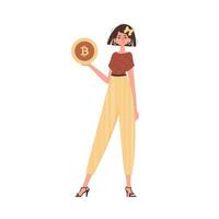 el niña es participación bitcoin en su manos. personaje en de moda estilo. vector