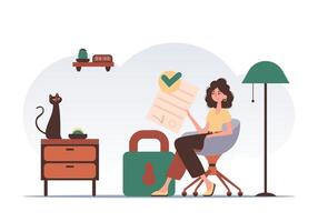 Smart contract concept. Data protection. The girl sits in a chair and holds a document in her hands. Modern trendy style. vector