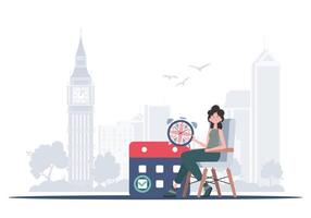 The concept of learning English. Woman holding a calendar with a marked date and a clock. trendy style. Vector illustration.
