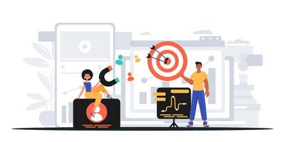 A man and woman are standing next to a target and a phone vector
