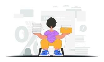 An elegant man holds stacks of documents in his hands. Graphic illustration on the theme of tax payments. vector