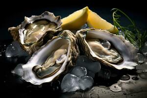 Fresh oysters on dark background. Generative AI photo