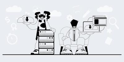 Two people sitting on a chair with a computer and a laptop vector