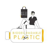 el chico es participación un eco paquete en su manos. el concepto de ecológico pantalones y el plastico. arte lineal estilo. vector