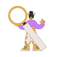 The girl is holding a magnifying glass. Search for the necessary information on the Internet. Retro style character. vector