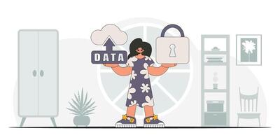 Girl using cloud storage and padlock, modern vector character style.