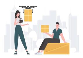 The concept of cargo delivery. The quadcopter is transporting the parcel. Man and woman with cardboard boxes. Flat modern design. Vector. vector