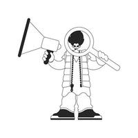 A qualified HR specialist man holds a megaphone and a magnifying glass in his hands. HR topic. Linear black and white style. vector