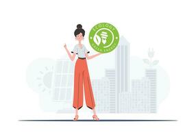 The concept of green energy and ecology. The girl holds the ECO logo in her hands. Vector trend illustration.