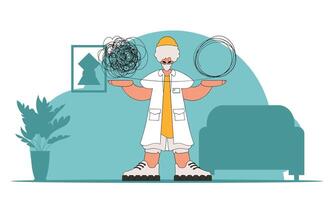 Help concept Man with mental problems. The psychologist unpacks a tangle of thoughts. vector