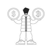 A stunning man holds a bitcoin and dollar coin in his hands. Linear black and white style. vector