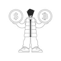 A stunning man holds a bitcoin and dollar coin in his hands. Linear black and white style. vector