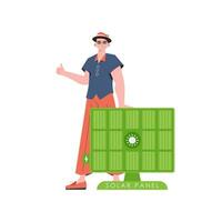 The guy is standing near the solar panel. Eco energy concept. Isolated. Vector illustration.