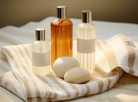 A spa with bar soap and a bottle of oil photo