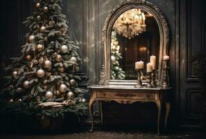 Room in an old house, an old mirror hangs on the wall, in the mirror there is an image of a decorated New Year tree photo