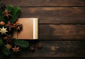 Cookbook over rustic background photo