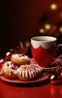 Navidad ilustración con café y galletas en rojo mesa foto