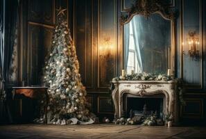 Room in an old house, an old mirror hangs on the wall, in the mirror there is an image of a decorated New Year tree photo