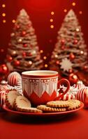 Christmas illustration with coffee and cookies on red table photo