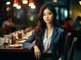 Asian business woman at table in cafe photo