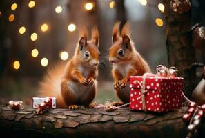 rojo ardillas son sentado en el nuevo año árbol, participación pequeño decorado regalos en su patas foto