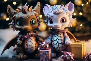 Dragon are sitting on the New Year tree, holding small decorated gifts in their paws photo