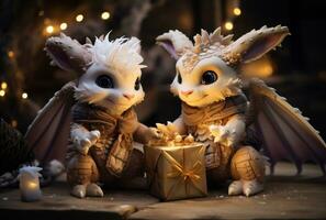 Dragon are sitting on the New Year tree, holding small decorated gifts in their paws photo