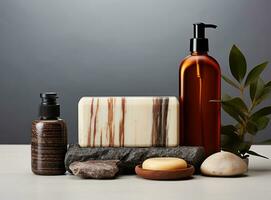 A spa with bar soap and a bottle of oil photo